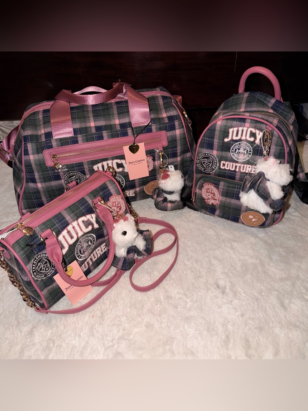 Juicy Couture Green /Pink Plaid Juicy Varsity Weekender set of 3 . - Picture 10 of 15